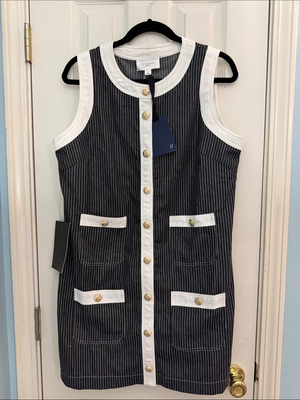 Pomander Place Navy Pinstripe Dress with White Trim